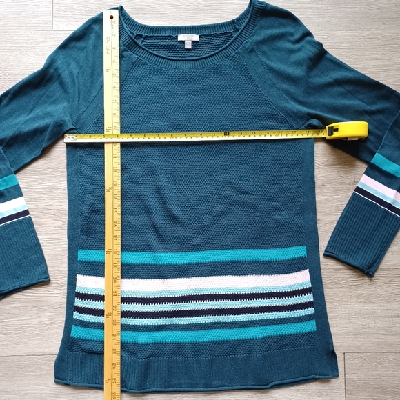T by Talbots Deep Teal Waffle Knit Stripe Detail Jewel Neck Tunic Sweater - Picture 10 of 12